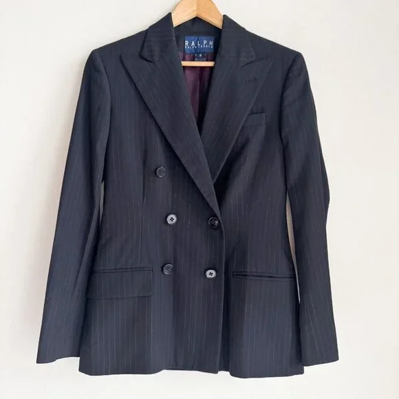 Vintage Ralph Ralph Lauren Double Breasted Pin Striped Navy Blue Blazer 8 - Picture 2 of 8